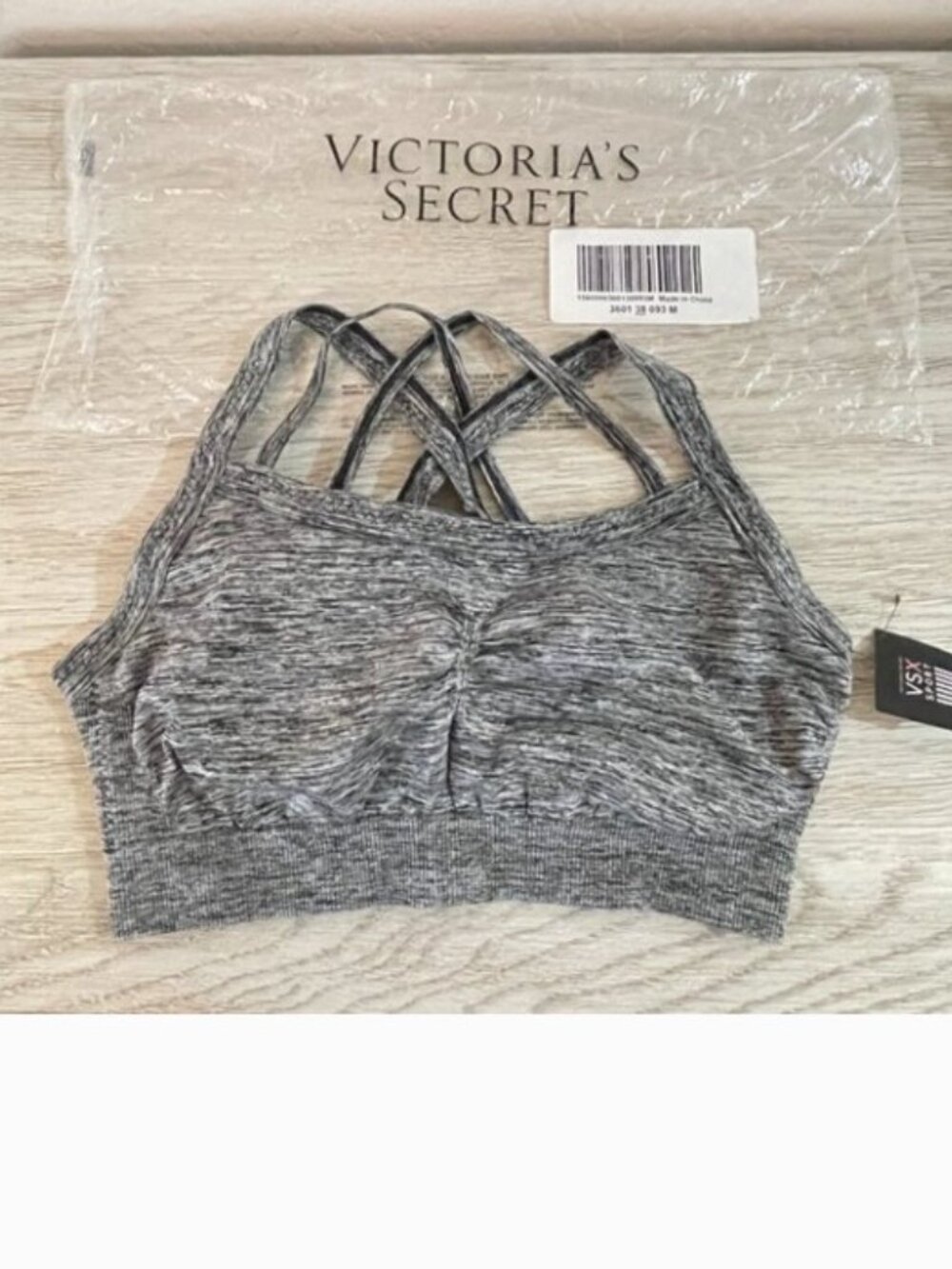 New Victoria's Secret VSX Sport Bra Strappy Space Dye Gray Black Medium